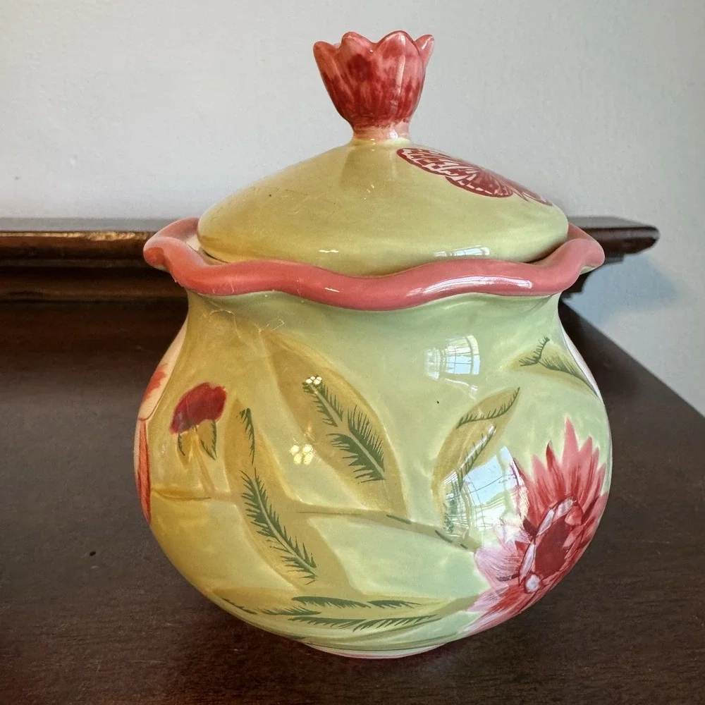 April Cornell Ceramic Sugar Creamer Green Pink Butterfly Lidded Sugar Bowl Set
